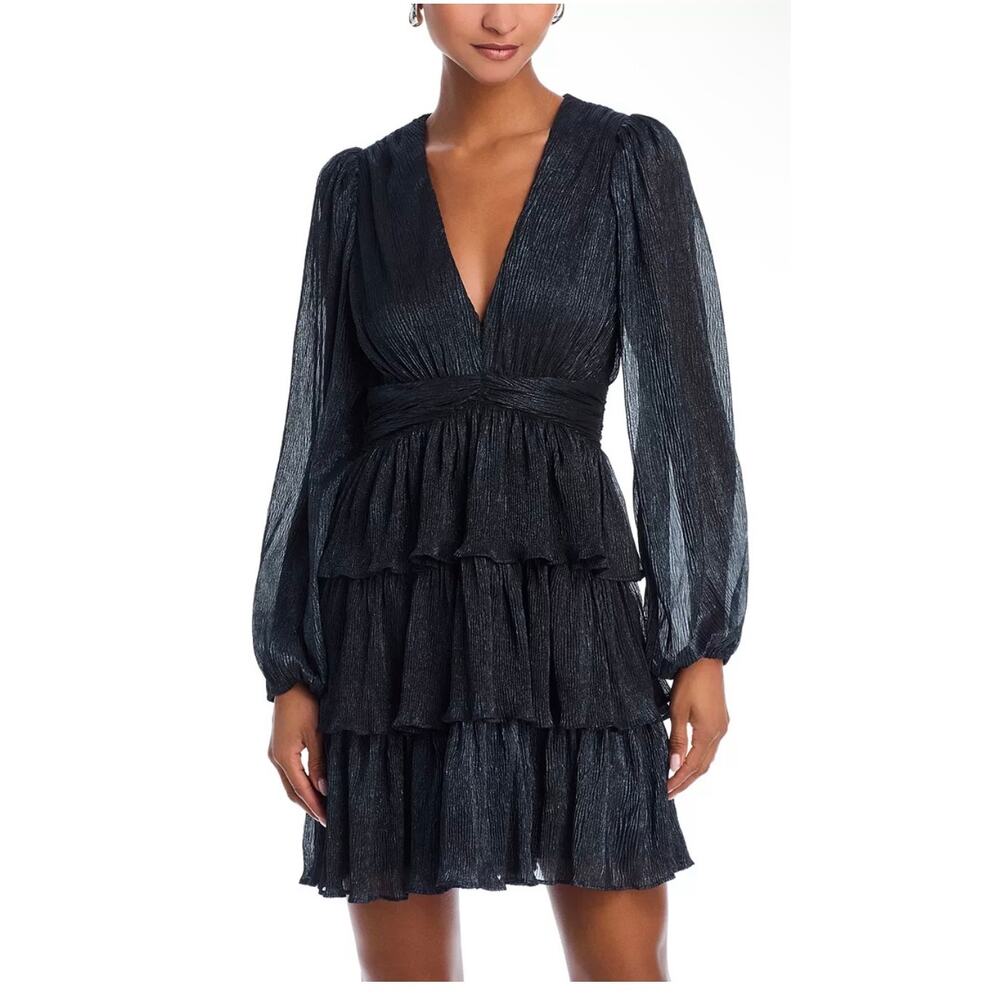 AQUA Dress Womens XS Black Metallic Shimmer Pleated Ruffle Tiered‎ V-Neck